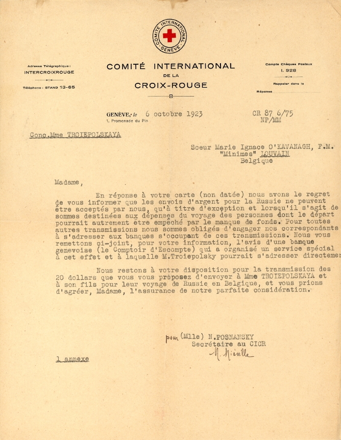 Lettre du 6 octobre 1923. Comité International de la Croix-Rouge, Genève  (Mlle N. Posnansky) à l|Institut des « Minimes » à Louvain (Sœur Marie Ignace O|Kavanagh). 2018-11-15